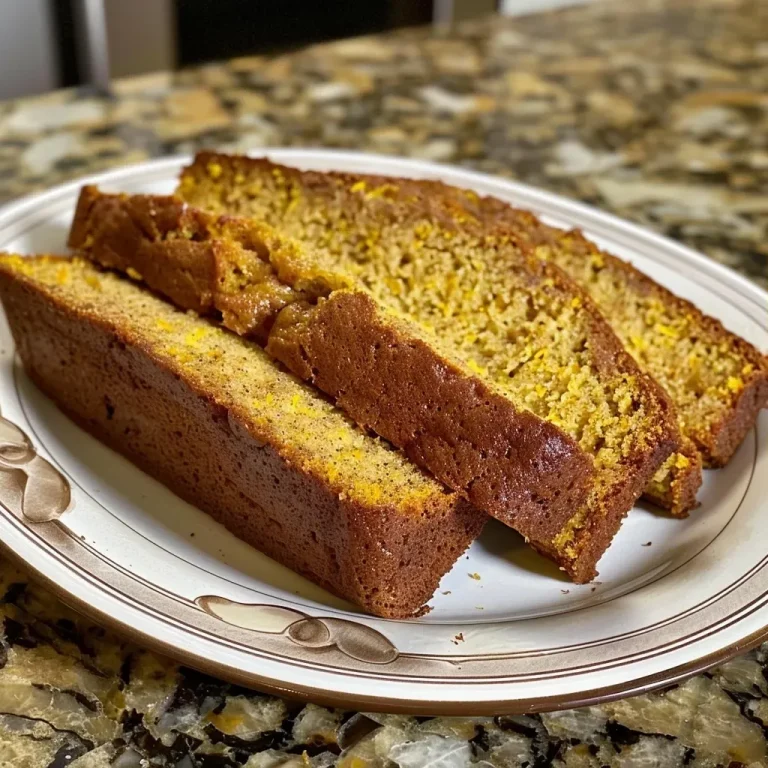['Close-up view of freshly baked yellow squash bread with a golden crust.', 'Slice of yellow squash bread showing moist interior and garnished with herbs.', 'Side view of a loaf of yellow squash bread on a wooden cutting board.', 'A piece of yellow squash bread displayed on a plate, highlighting its texture.']