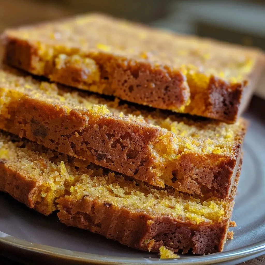 ['Close-up view of freshly baked yellow squash bread with a golden crust.', 'Slice of yellow squash bread showing moist interior and garnished with herbs.', 'Side view of a loaf of yellow squash bread on a wooden cutting board.', 'A piece of yellow squash bread displayed on a plate, highlighting its texture.']