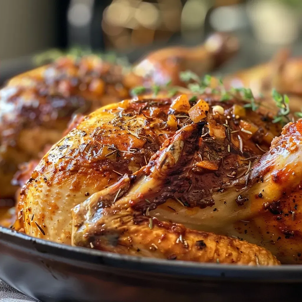 ['Juicy roasted chicken glazed with apple butter, herbs, and spices.', 'Whole chicken coated in a rich apple butter sauce, garnished with thyme.', 'Close-up view of succulent apple butter roasted chicken dish.', 'Side view of a golden-brown roasted chicken with a sweet glaze.']