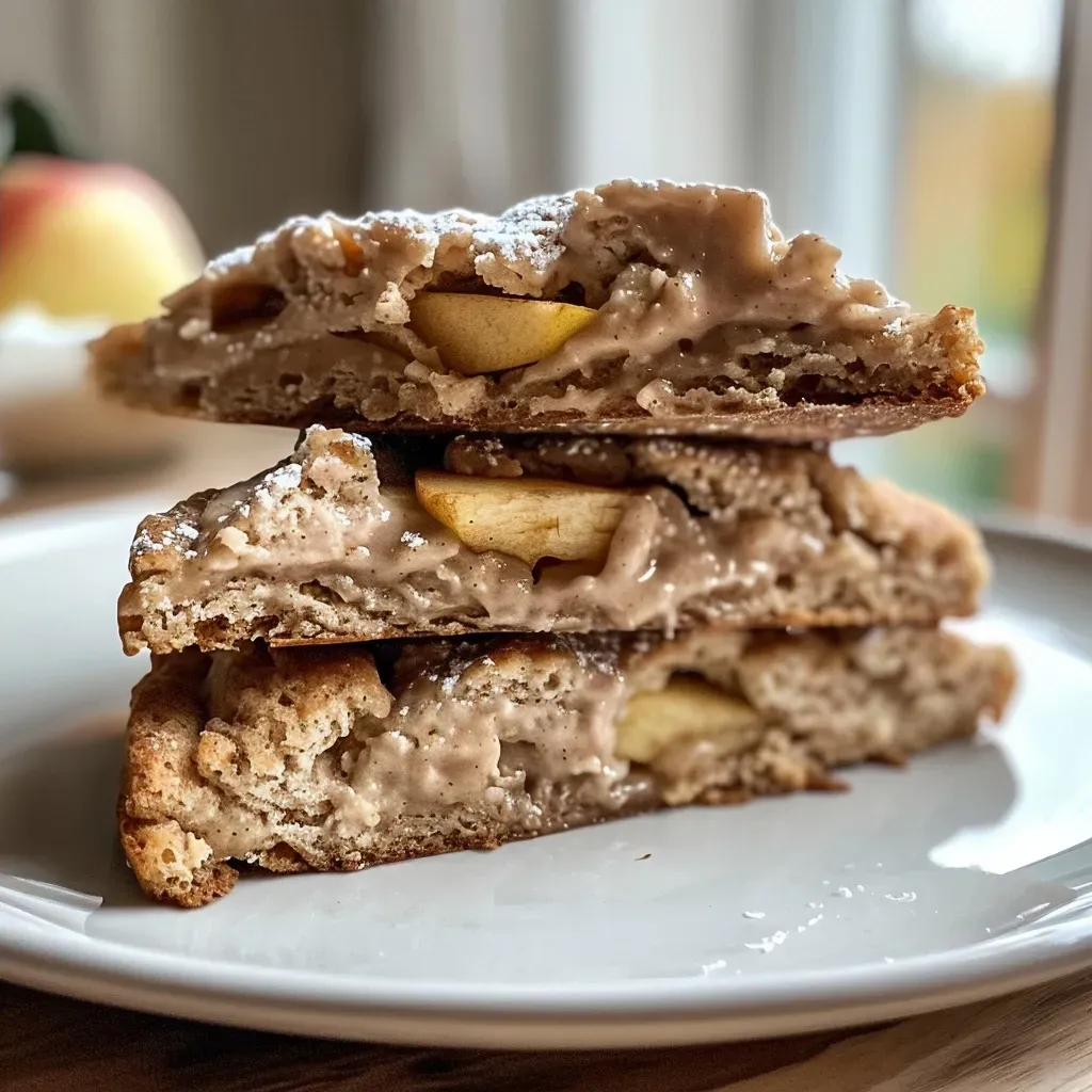 ['Close-up side view of golden-brown Apple Chai Protein Scones with a crumbly texture.', 'Juicy and inviting Apple Chai Protein Scones arranged on a plate, showcasing their fluffy interior.', 'A detailed view of Apple Chai Protein Scones, highlighting bits of grated apple and a sprinkle of powdered sugar.', 'Freshly baked Apple Chai Protein Scones, featuring a glossy glaze and warm spices visible on the surface.']