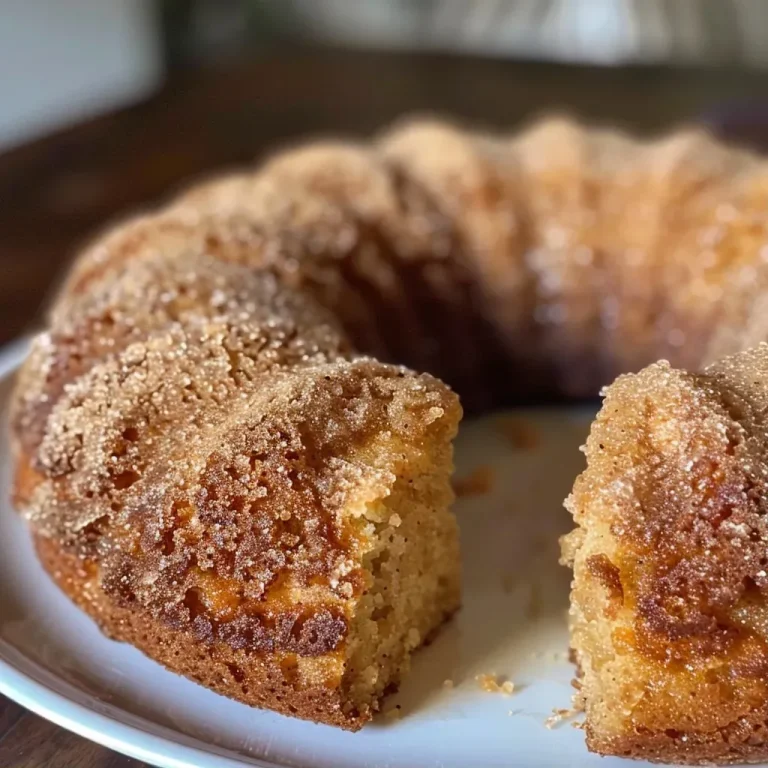 ['A close-up side view of a moist Apple Cider Donut Cake coated in cinnamon sugar.', 'Detailed image showcasing the layers of an Apple Cider Donut Cake with a cinnamon sugar crust.', 'Side perspective of a delicious Apple Cider Donut Cake, highlighting its texture and topping.', 'Close-up view of a slice of Apple Cider Donut Cake sprinkled with cinnamon sugar.']