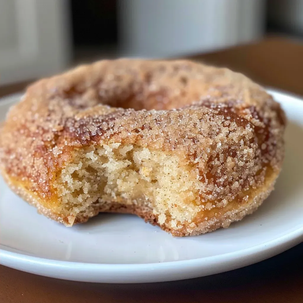 ['A close-up side view of a moist Apple Cider Donut Cake coated in cinnamon sugar.', 'Detailed image showcasing the layers of an Apple Cider Donut Cake with a cinnamon sugar crust.', 'Side perspective of a delicious Apple Cider Donut Cake, highlighting its texture and topping.', 'Close-up view of a slice of Apple Cider Donut Cake sprinkled with cinnamon sugar.']
