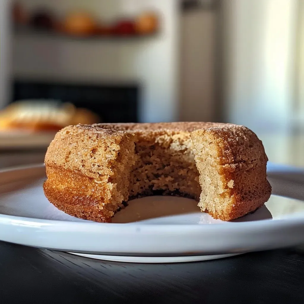 Close-up side view of a moist Apple Cider Donut Protein Cake topped with a light glaze.
