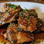 ['A close-up side view of juicy apple cider glazed chicken on a plate.', 'Succulent chicken pieces coated in a rich apple cider glaze resting on a wooden surface.', 'Glazed chicken with a shiny, caramelized finish highlighted against a rustic backdrop.', 'A side view of tender chicken drizzled with apple cider glaze, showcasing glossy texture.']