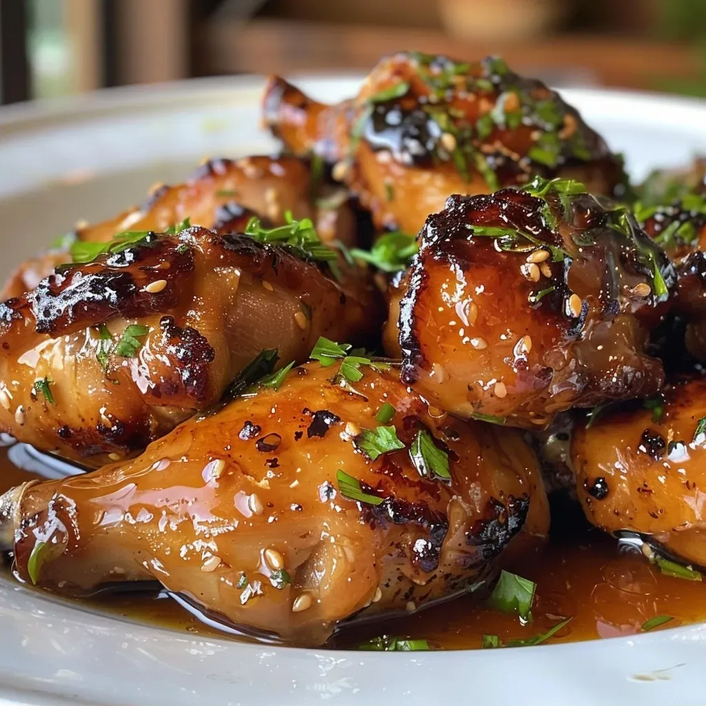 ['A close-up side view of juicy apple cider glazed chicken on a plate.', 'Succulent chicken pieces coated in a rich apple cider glaze resting on a wooden surface.', 'Glazed chicken with a shiny, caramelized finish highlighted against a rustic backdrop.', 'A side view of tender chicken drizzled with apple cider glaze, showcasing glossy texture.']