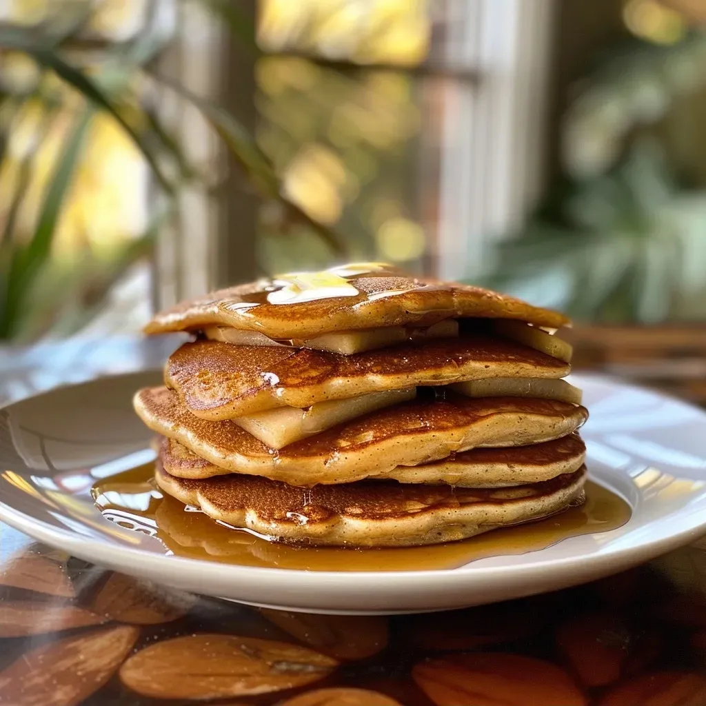 ['A stack of golden Apple Cider Pancakes topped with diced apples and a drizzle of syrup.', 'Close-up view of Apple Cider Pancakes, showing a fluffy texture and apple pieces on top.', 'Side view of Apple Cider Pancakes, featuring a warm, inviting presentation and melted butter.', 'A delicious stack of Apple Cider Pancakes, garnished with caramelized apple slices and syrup.']