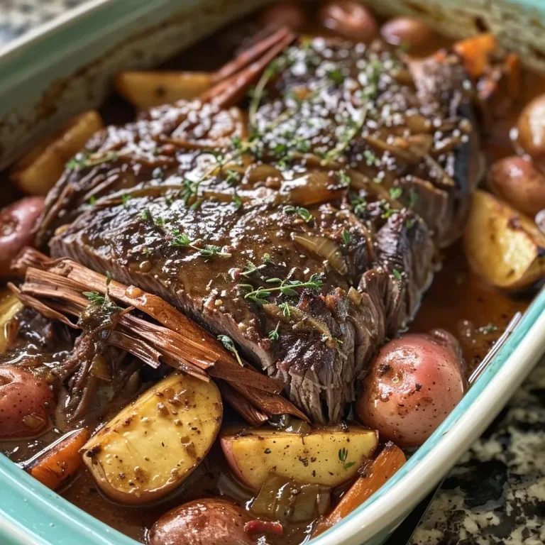 ['Close-up of a juicy Apple Cider Pot Roast with herbs and vegetables.', 'Side view of a mouthwatering Apple Cider Pot Roast on a rustic plate.', 'Detailed image of a savory Apple Cider Pot Roast garnished with fresh herbs.', 'Luscious Apple Cider Pot Roast with chunks of apple and spices visible.']