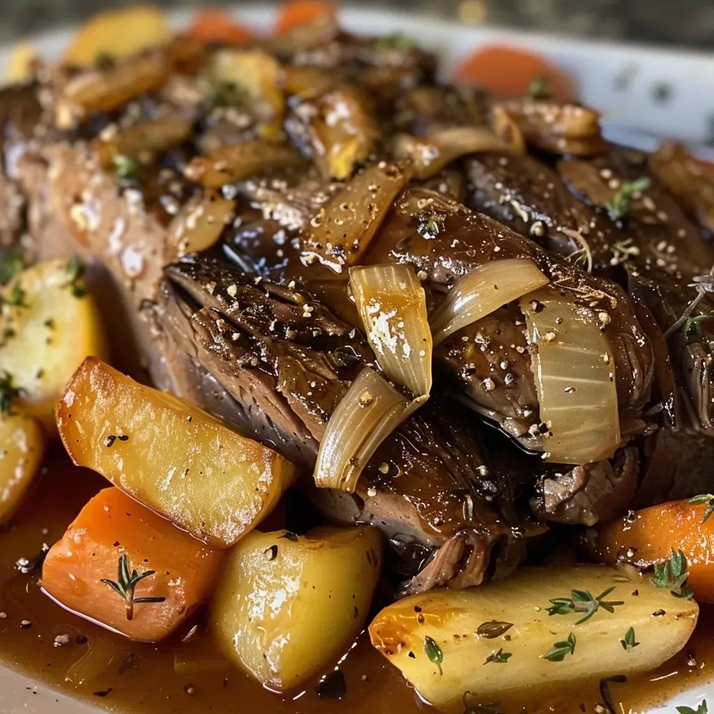 ['Close-up of a juicy Apple Cider Pot Roast with herbs and vegetables.', 'Side view of a mouthwatering Apple Cider Pot Roast on a rustic plate.', 'Detailed image of a savory Apple Cider Pot Roast garnished with fresh herbs.', 'Luscious Apple Cider Pot Roast with chunks of apple and spices visible.']