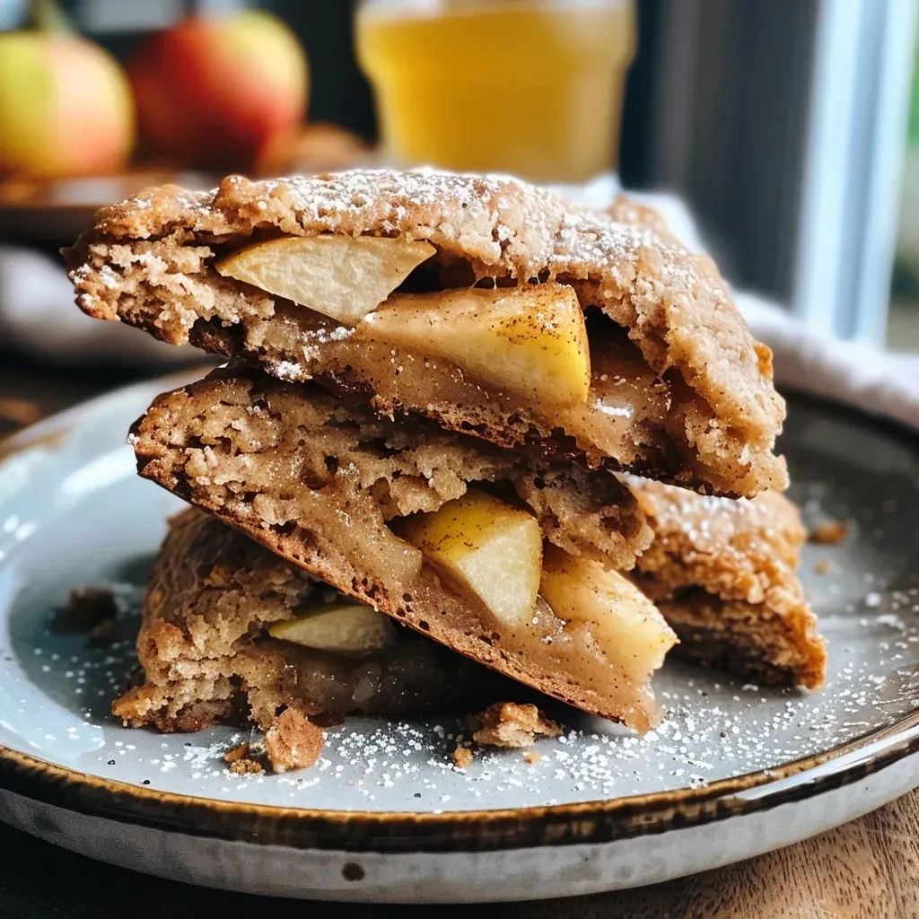 ['Close-up view of golden-brown apple cider scones with a dusting of cinnamon.', 'Side angle shot of freshly baked apple cider scones, showcasing flaky texture and apple pieces.', 'Appetizing apple cider scones arranged on a plate, highlighting their rustic appearance.', 'Detailed image of apple cider scones with a sprinkle of cinnamon, captured in natural light.']
