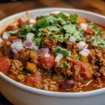 ['A close-up view of vibrant Apple Cider Turkey Chili in a bowl, showcasing its chunky ingredients.', 'Side photo of a steaming bowl of Apple Cider Turkey Chili, displaying beans, tomatoes, and herbs.', 'Detailed shot of Apple Cider Turkey Chili, highlighting ground turkey and colorful vegetables.', 'Close-up image of a hearty bowl of Apple Cider Turkey Chili garnished with fresh cilantro.']
