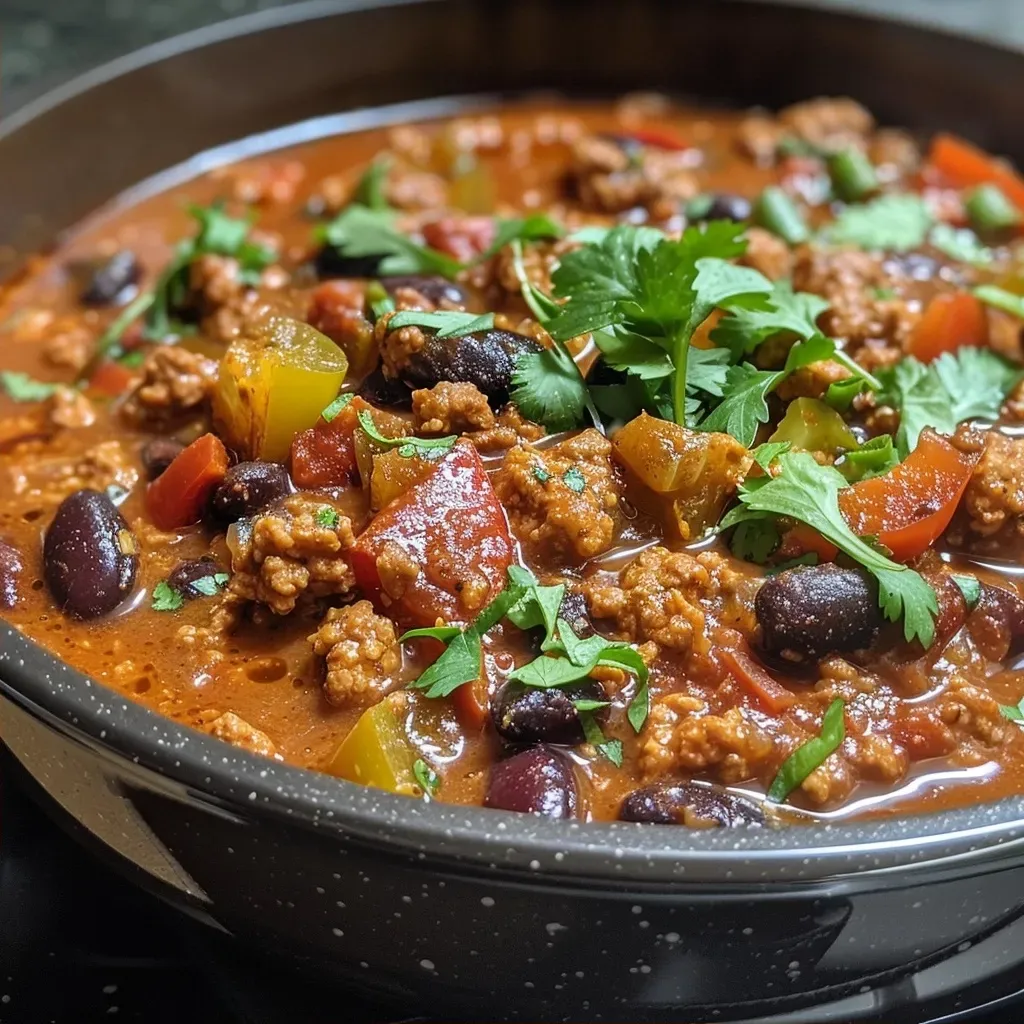 A close-up view of vibrant Apple Cider Turkey Chili in a bowl, showcasing its chunky ingredients.