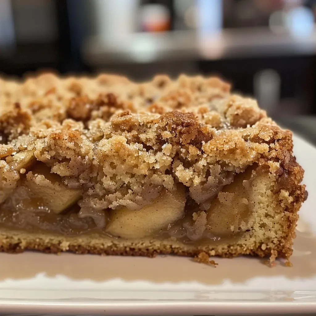 ['Close-up side view of a moist apple cinnamon crumb cake with a crumbly topping.', 'Juicy slices of apple cinnamon crumb cake, showcasing a crunchy crumb top and apple pieces.', 'Detailed view of a freshly baked apple cinnamon cake, highlighting the texture and spices.', 'Side angle photo of a delicious apple cinnamon crumb cake topped with crumbly streusel.']