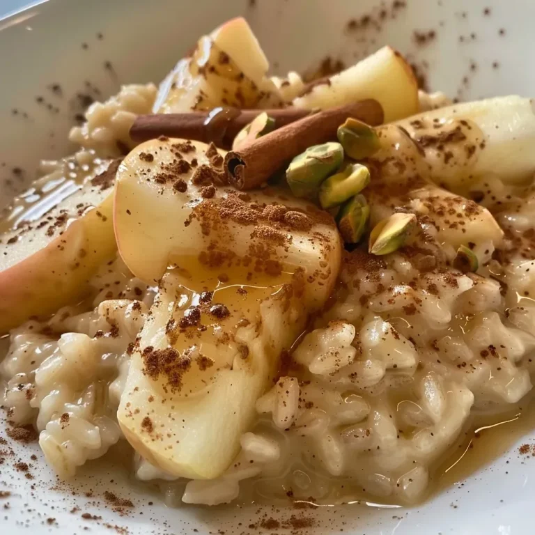 ['Close-up of creamy risotto with apple pieces and cinnamon.', 'Side view of a bowl of apple cinnamon dessert risotto topped with ice cream.', 'Delicious risotto dish featuring chopped apples and a sprinkle of pistachios.', 'Rich dessert risotto showcasing warm apples and a dusting of cinnamon.']