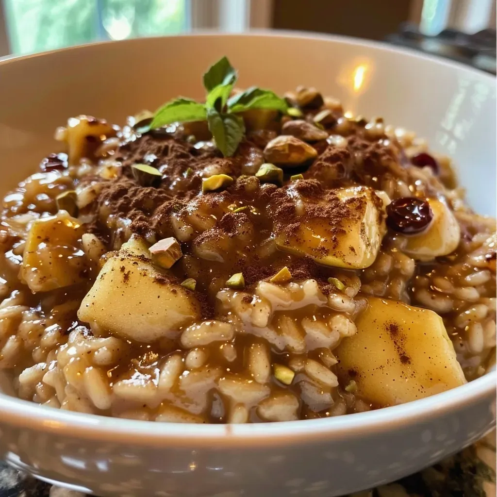 ['Close-up of creamy risotto with apple pieces and cinnamon.', 'Side view of a bowl of apple cinnamon dessert risotto topped with ice cream.', 'Delicious risotto dish featuring chopped apples and a sprinkle of pistachios.', 'Rich dessert risotto showcasing warm apples and a dusting of cinnamon.']