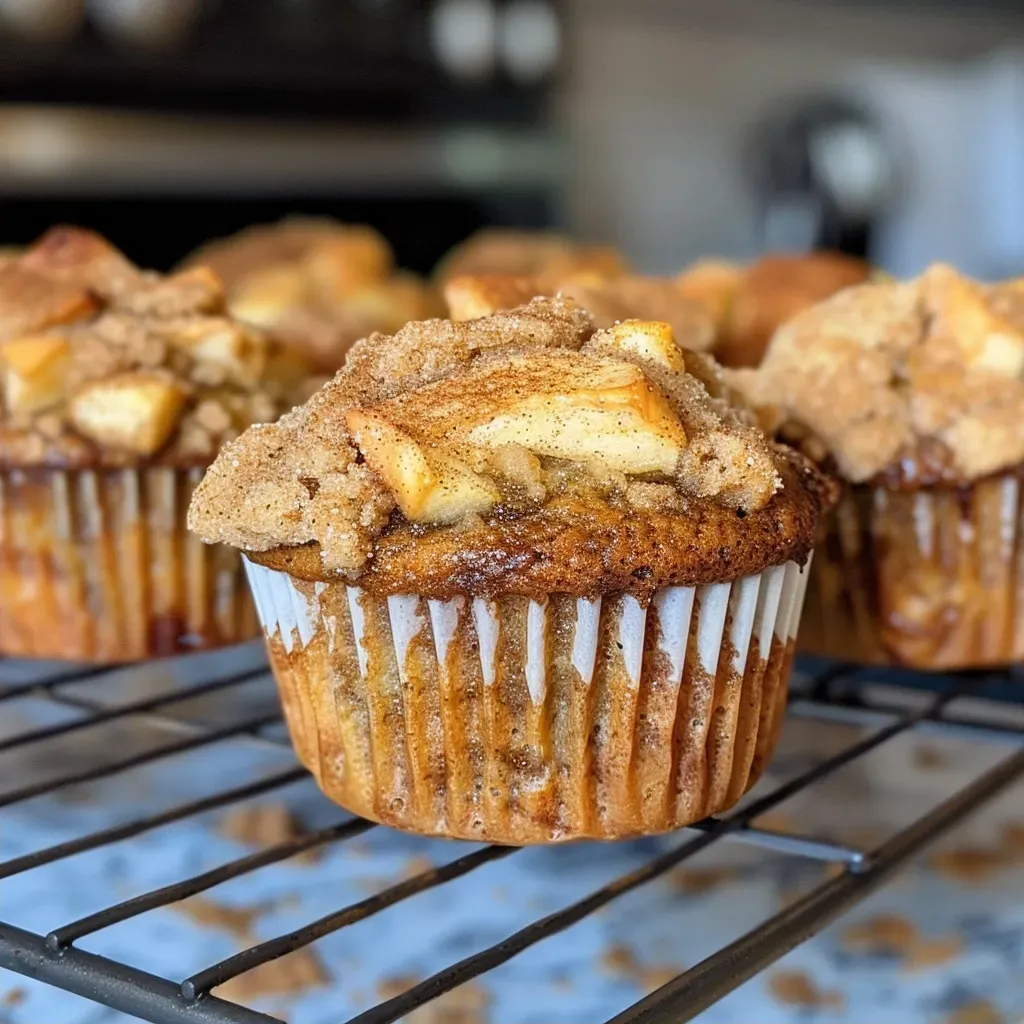 ['Close-up view of a freshly baked apple cinnamon Greek yogurt muffin, showcasing its golden brown top and moist texture.', 'Side view of an apple cinnamon Greek yogurt muffin on a textured surface, highlighting its fluffy interior and apple chunks.', 'Detailed image of a warm apple cinnamon muffin, with visible cinnamon specks and a lightly glazed exterior.', 'Close-up of a muffin filled with diced apples and a sprinkle of cinnamon on top, emphasizing its appetizing appearance.']