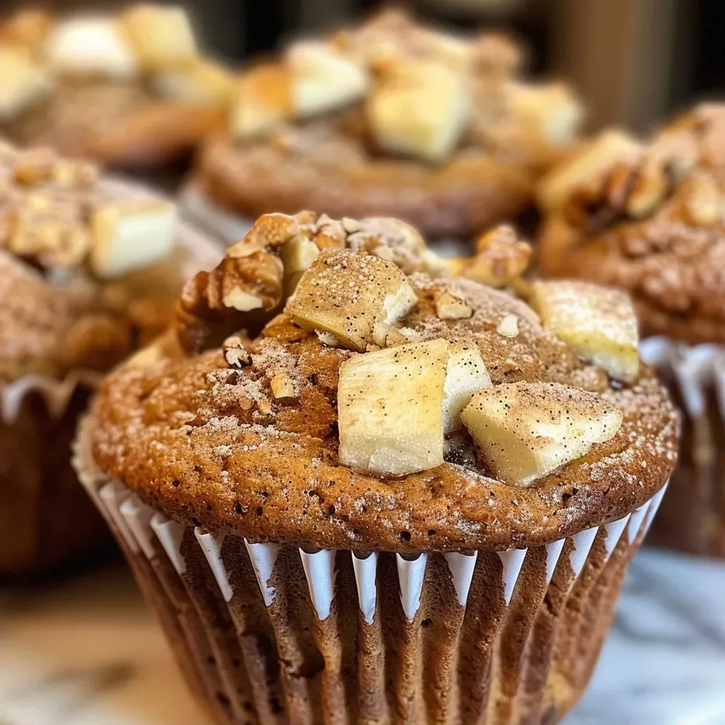 Close-up of golden-brown Apple Cinnamon Muffins with visible apple pieces and a crumbly top.
