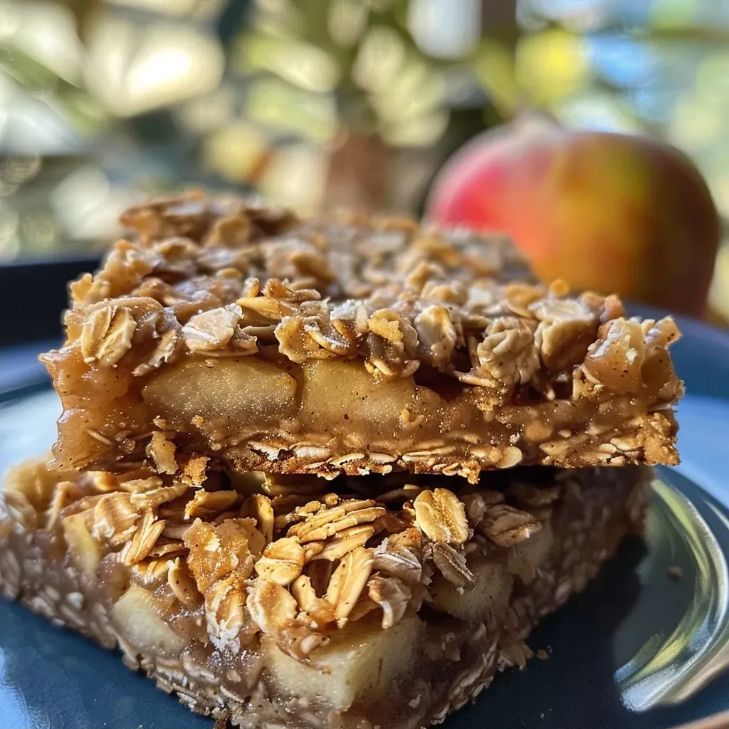 Close-up view of apple cinnamon oat bars displayed on a wooden table.