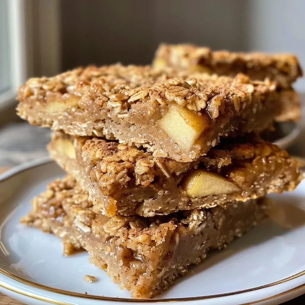 ['Close-up side view of delicious apple cinnamon oatmeal bars with visible chunks of apples and nuts.', 'Juicy apple cinnamon oatmeal bars displayed on a plate, highlighting their texture and ingredients.', 'Sliced apple cinnamon oatmeal bars showing a golden-brown crust and rich apple filling.', 'Tasty apple cinnamon oatmeal bars with a sprinkle of cinnamon on top, showcasing the oats and apple pieces.']