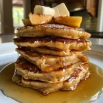 ['Close-up of fluffy apple cinnamon protein pancakes topped with diced apples.', 'Side view of delicious apple cinnamon pancakes with a drizzle of maple syrup.', 'Juicy apple cinnamon protein pancakes garnished with apple pieces and syrup.', 'Stack of protein pancakes with visible apple chunks and a warm, inviting appearance.']