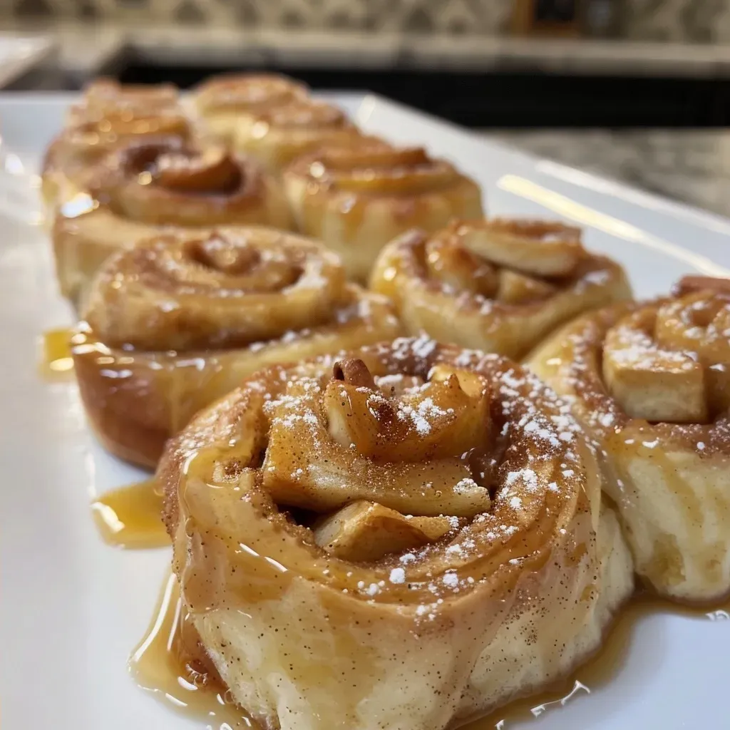 ['Close-up side view of warm, gooey apple cinnamon rolls drizzled with icing.', 'Juicy apple cinnamon rolls topped with cream cheese frosting on a rustic wooden surface.', 'Fluffy cinnamon rolls filled with diced Gala apples, showing layers and texture.', 'Freshly baked apple cinnamon rolls with a golden-brown crust and soft interior.']
