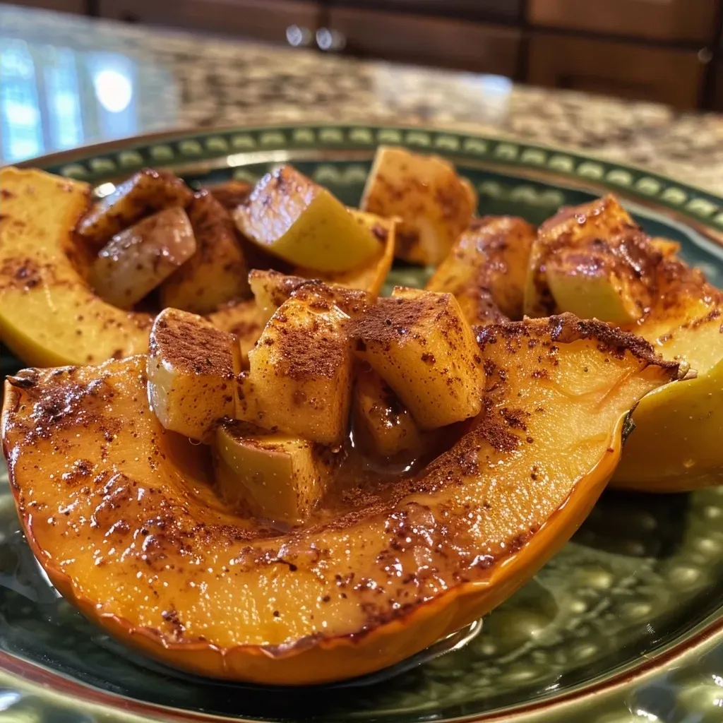 Close-up view of apple and cinnamon-filled acorn squash boats, showcasing vibrant green skin.
