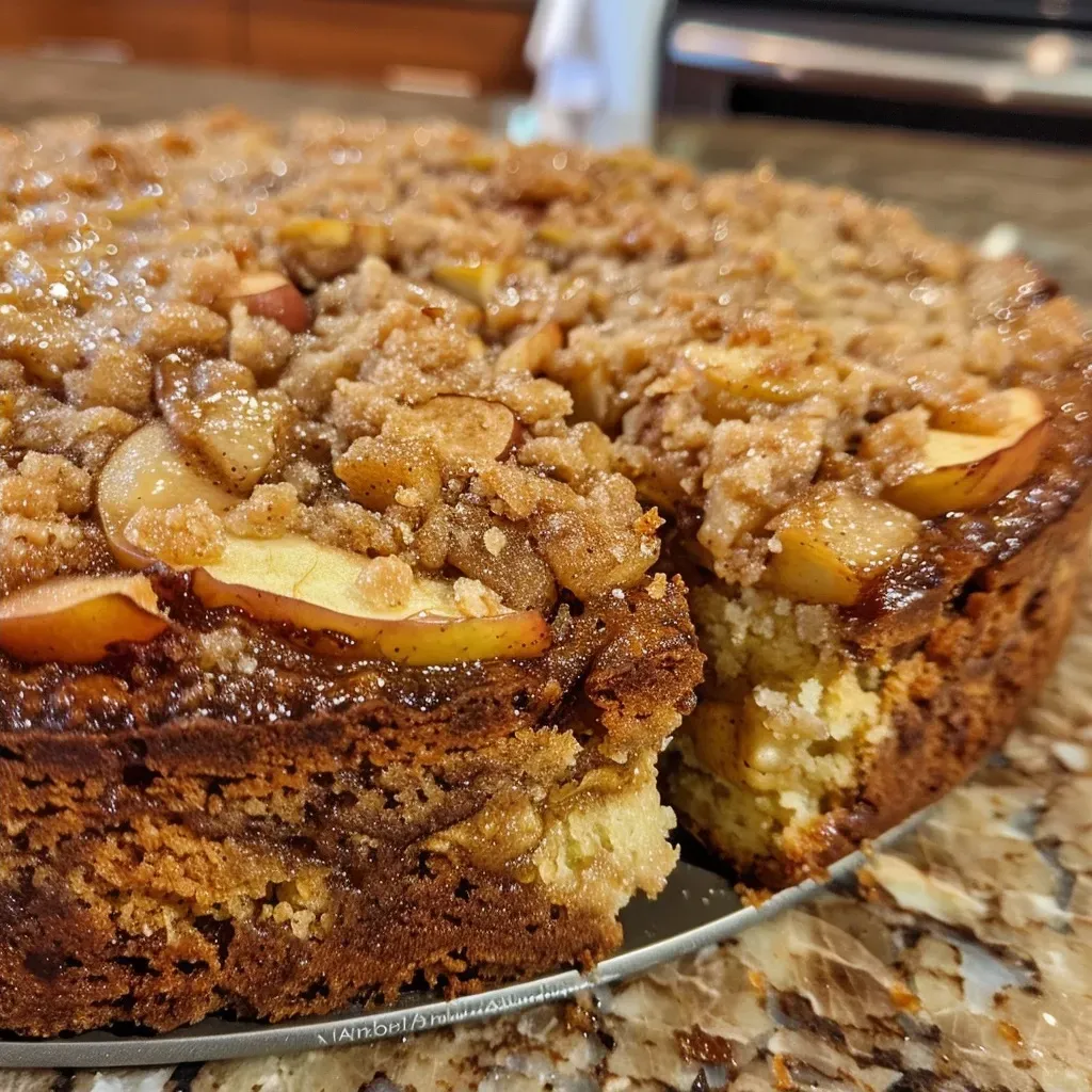 ['Close-up view of a slice of Apple Coffee Cake, showcasing diced apples and a crumbly topping.', 'Side view of moist Apple Coffee Cake with visible layers of apple and cinnamon streusel.', 'Juicy Apple Coffee Cake with a golden crust and a generous sprinkle of cinnamon sugar on top.', 'A delectable piece of Apple Coffee Cake featuring chunks of honeycrisp apples and buttery texture.']