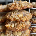 ['A close-up side view of a freshly baked Apple Crisp Cookie, highlighting its golden-brown edges and bits of apple.', 'A detailed image of a warm Apple Crisp Cookie, showcasing its chewy texture and visible apple pieces.', 'An enticing close-up of an Apple Crisp Cookie with a crumbly top, emphasizing the oats and apple chunks.', 'A close view of a stack of Apple Crisp Cookies, displaying their soft interior and crispy edges.']