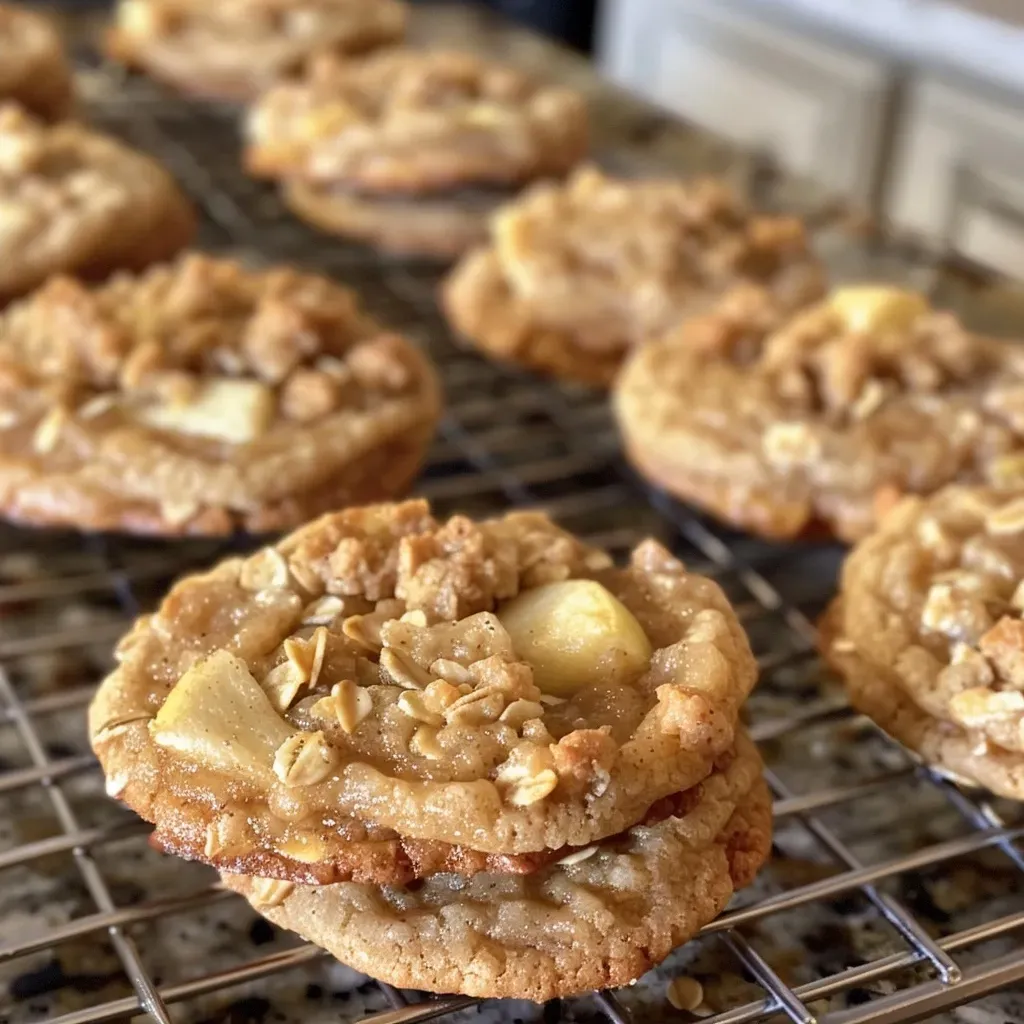 Close-up of a golden-brown Apple Crisp Cookie with visible apple chunks.