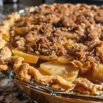 ['Close-up of a freshly baked Apple Crisp Pie with a golden brown topping and visible apple slices.', 'Side view of a homemade Apple Crisp Pie, showcasing its crunchy topping and juicy apple filling.', 'Detailed shot of a delicious Apple Crisp Pie, highlighting the flaky crust and sweet apple slices underneath the crisp topping.', 'A perfectly baked Apple Crisp Pie, featuring a rustic top crust and a vibrant filling of sliced apples.']