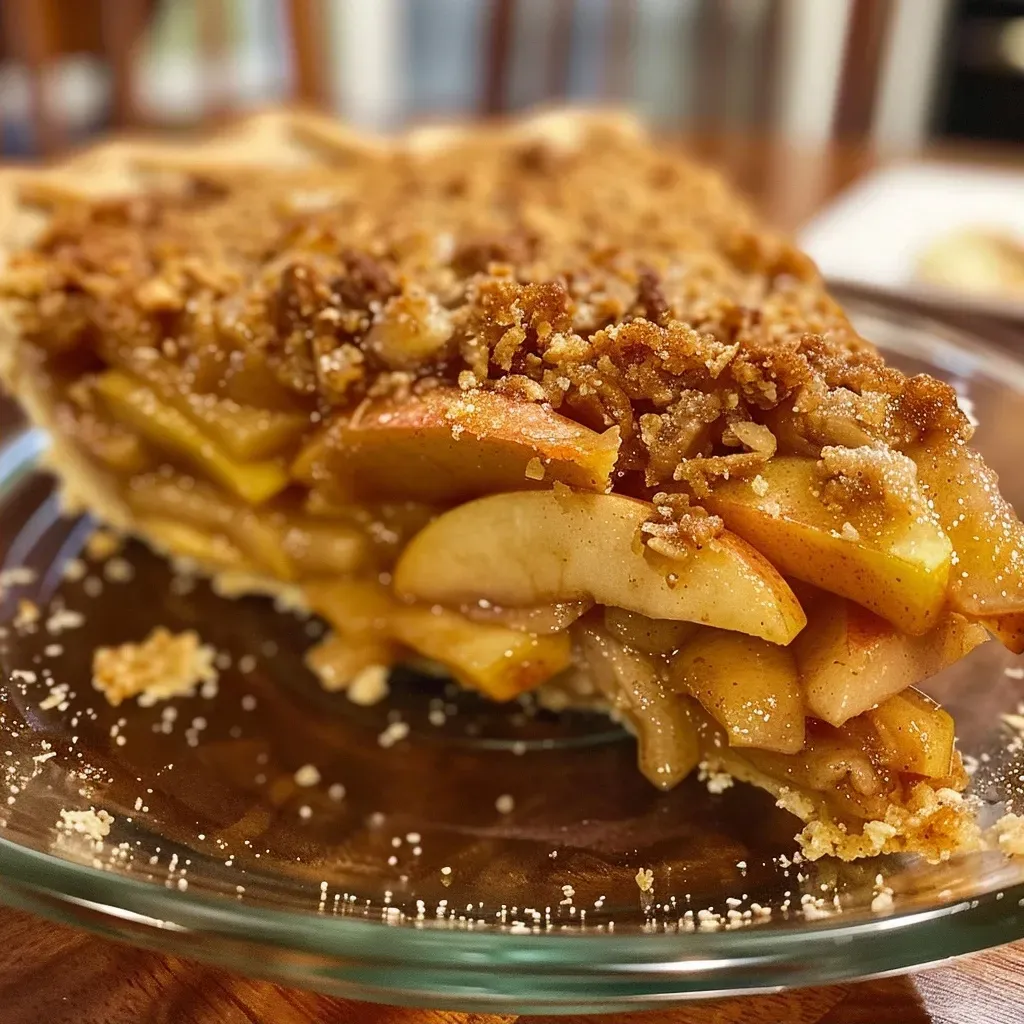 Close-up of a freshly baked Apple Crisp Pie with a golden brown topping and visible apple slices.
