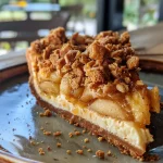 ['A close-up side view of a sliced Apple Crumble Cheesecake showcasing its layers.', 'A detailed view of a slice of Apple Crumble Cheesecake with visible apple slices and crumble topping.', 'A close-up image of Apple Crumble Cheesecake, highlighting its creamy texture and crumbly crust.', 'An appetizing side view of Apple Crumble Cheesecake on a plate, emphasizing the golden crumble topping.']