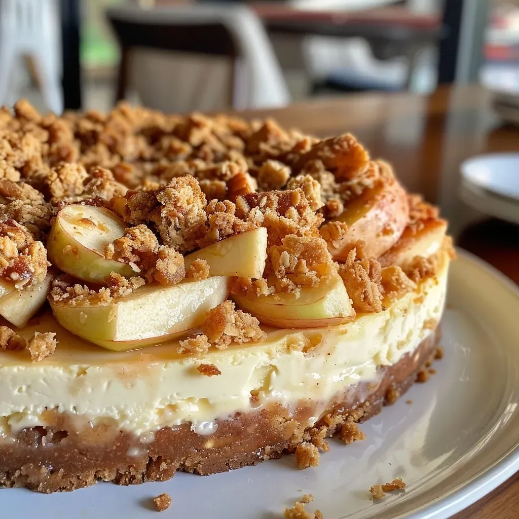 ['A close-up side view of a sliced Apple Crumble Cheesecake showcasing its layers.', 'A detailed view of a slice of Apple Crumble Cheesecake with visible apple slices and crumble topping.', 'A close-up image of Apple Crumble Cheesecake, highlighting its creamy texture and crumbly crust.', 'An appetizing side view of Apple Crumble Cheesecake on a plate, emphasizing the golden crumble topping.']