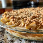 ['Close-up view of a freshly baked apple crumble pie with a golden-brown crust and visible apple filling.', 'Side view of a delicious apple crumble pie, showcasing the crumbly topping and sliced apples inside.', 'Juicy apple crumble pie displayed on a plate with a flaky crust and a sprinkle of cinnamon.', 'Appetizing apple crumble pie with a rich topping and slices of apples peeking through.']