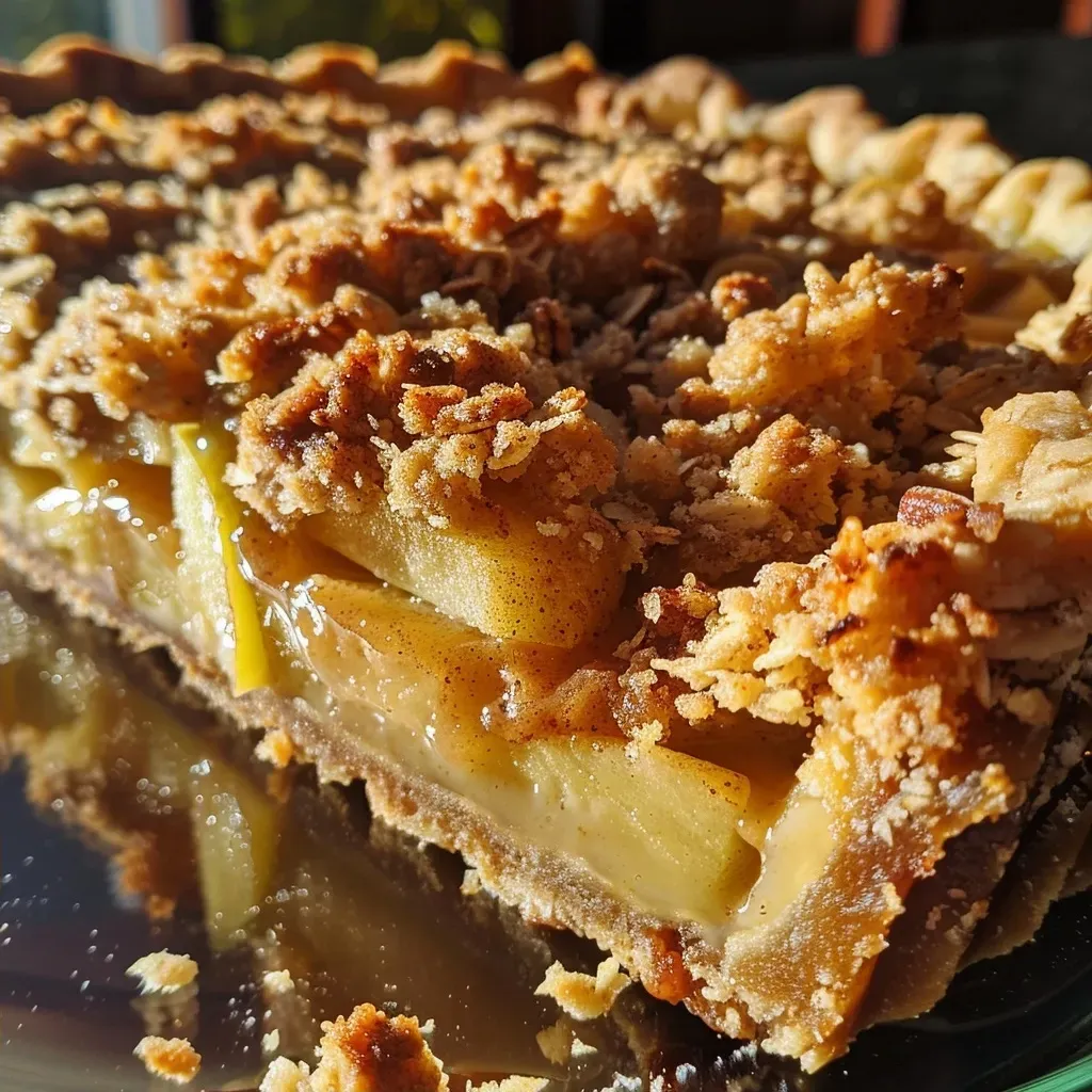 ['Close-up of a golden-brown apple crumble tart, showcasing a crumbly topping and sliced apples.', 'Side view of a freshly baked apple crumble tart, with a flaky crust and visible apple slices.', 'Detailed photo of an apple crumble tart with a crunchy topping, revealing succulent apples inside.', 'Appetizing shot of an apple crumble tart, highlighting the texture of the crumble and the fruit filling.']