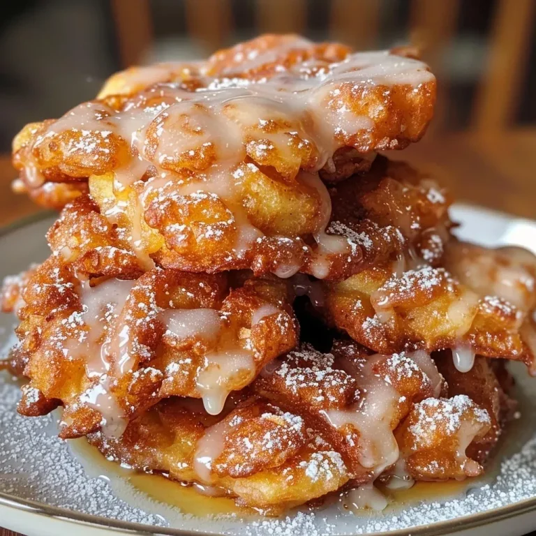 ['A close-up side view of golden-brown apple fritters topped with a glossy maple glaze.', 'Juicy and fluffy apple fritters with a shiny maple glaze, served on a rustic plate.', 'A detailed view of freshly fried apple fritters drizzled with sweet maple glaze.', 'Golden apple fritters with a rich maple glaze, highlighting the texture and diced apples.']