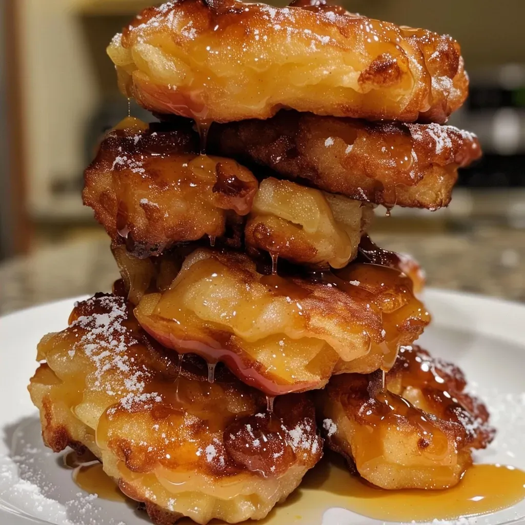 A close-up side view of golden-brown apple fritters topped with a glossy maple glaze.
