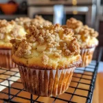 ['Close-up view of freshly baked apple muffins with a golden crumb topping.', 'Side profile of warm, fluffy apple muffins topped with a crunchy streusel.', 'Juicy apple muffins displaying a crumbly topping, captured in rich detail.', 'Appetizing apple muffins with a perfectly baked crumb layer, seen from the side.']