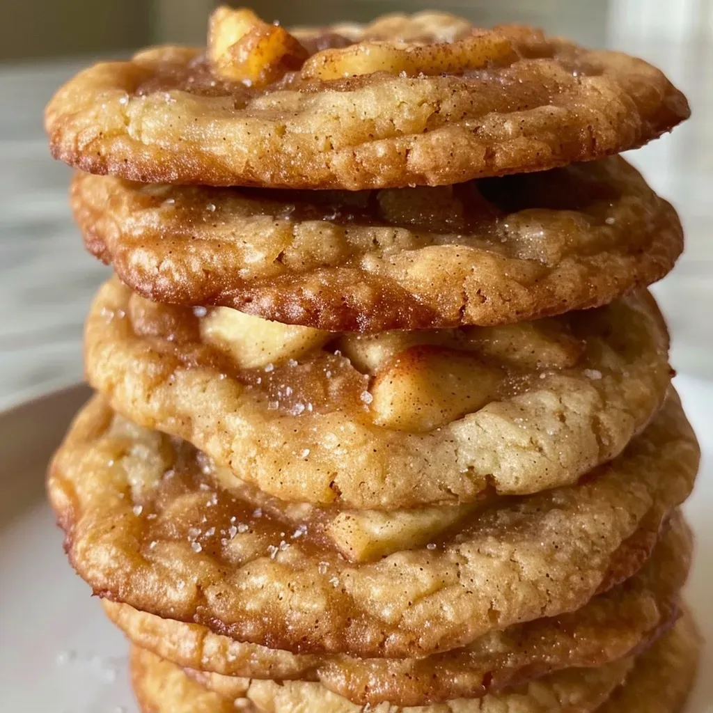 ['Close-up of freshly baked apple pie cookies with a golden-brown crust.', 'Side view of apple pie cookies showcasing juicy apple pieces and a rustic texture.', 'Delicious apple pie cookies with a crispy exterior and visible chunks of apples.', 'Tasty apple pie cookies displayed on a white plate, highlighting their warm color.']