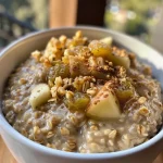 ['A side view of a jar filled with Apple Pie Overnight Oats topped with diced apples and a sprinkle of cinnamon.', 'Close-up shot of Apple Pie Overnight Oats showcasing layers of oats, apples, and spices in a clear glass jar.', 'A side view of delicious Apple Pie Overnight Oats, featuring oats, apple chunks, and a drizzle of maple syrup.', 'A close-up image of a serving of Apple Pie Overnight Oats revealing a creamy texture with apple pieces and a hint of spice.']
