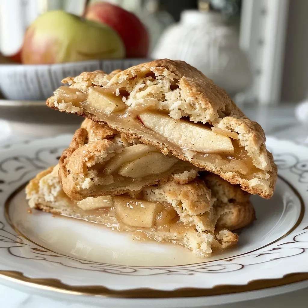 Close-up side view of apple pie scones drizzled with cider glaze.