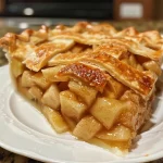 ['Close-up view of a golden-brown apple pie with a flaky crust.', 'Side view of a freshly baked apple pie showcasing sliced apples inside.', 'Juicy apple pie displayed on a rustic wooden table, emphasizing its shiny crust.', 'Delicious apple pie with a textured crust and steam rising from it.']