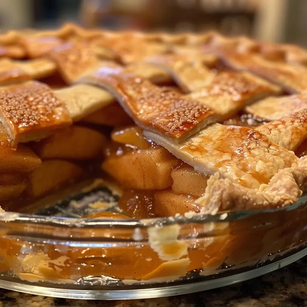 Close-up view of a golden-brown apple pie with a flaky crust.