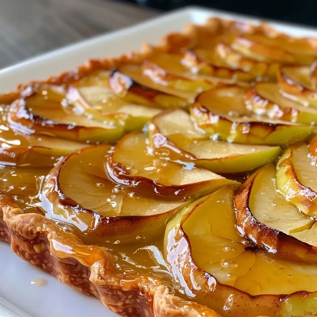 ['Close-up of a golden-brown apple tart drizzled with a shiny cider glaze.', 'Side view of a freshly baked apple tart showcasing sliced Granny Smith apples.', 'Juicy apple tart with a glossy cider glaze highlighting its flaky crust.', 'Detailed view of a delicious apple tart featuring caramelized apple slices.']