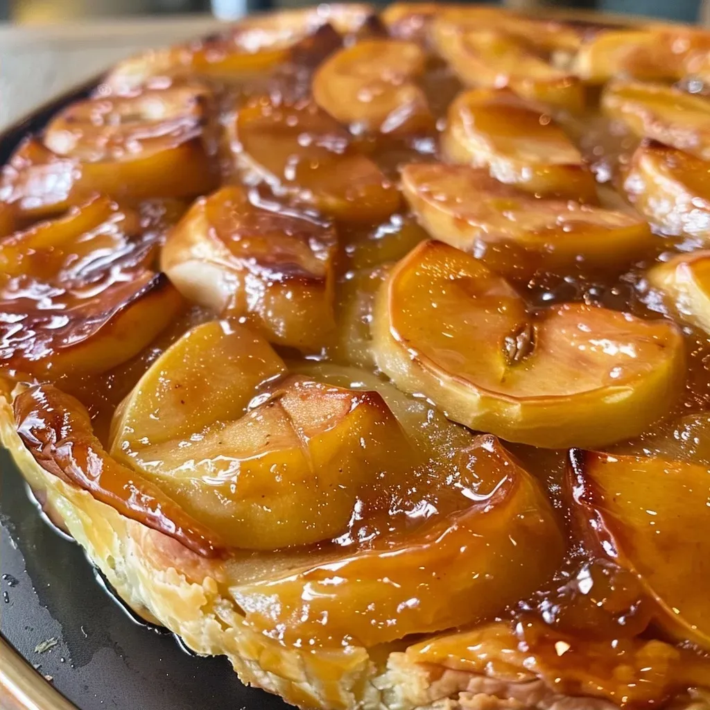 Close-up of a golden brown apple tarte Tatin topped with a scoop of vanilla ice cream.