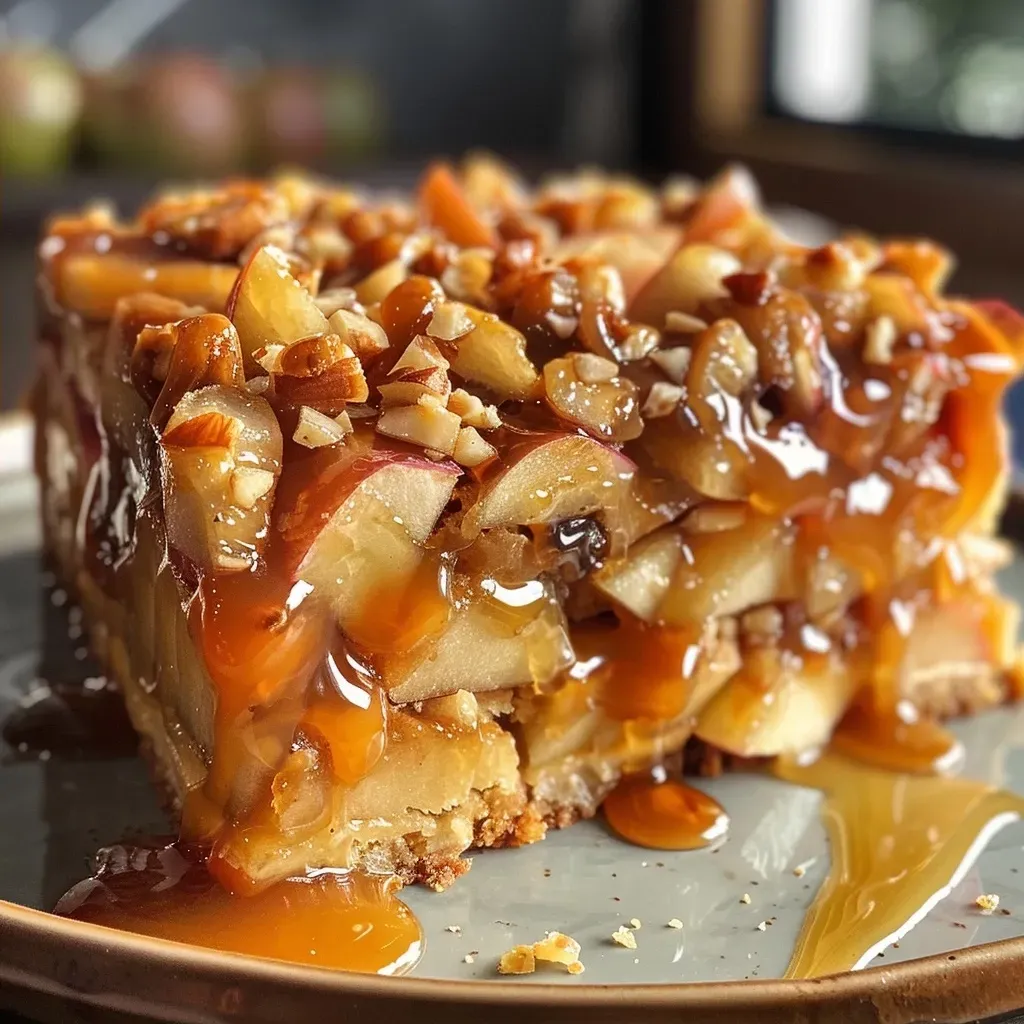 ['Close-up side view of a moist apple toffee caramel cake with a glossy caramel drizzle.', 'A decadent slice of apple toffee caramel cake showcasing layers of apples and toffee frosting.', 'Side view of a luscious apple toffee caramel cake, highlighting its rich caramel glaze and apple pieces.', 'Detailed view of an apple toffee caramel cake, featuring a swirl of caramel and diced apples on the side.']
