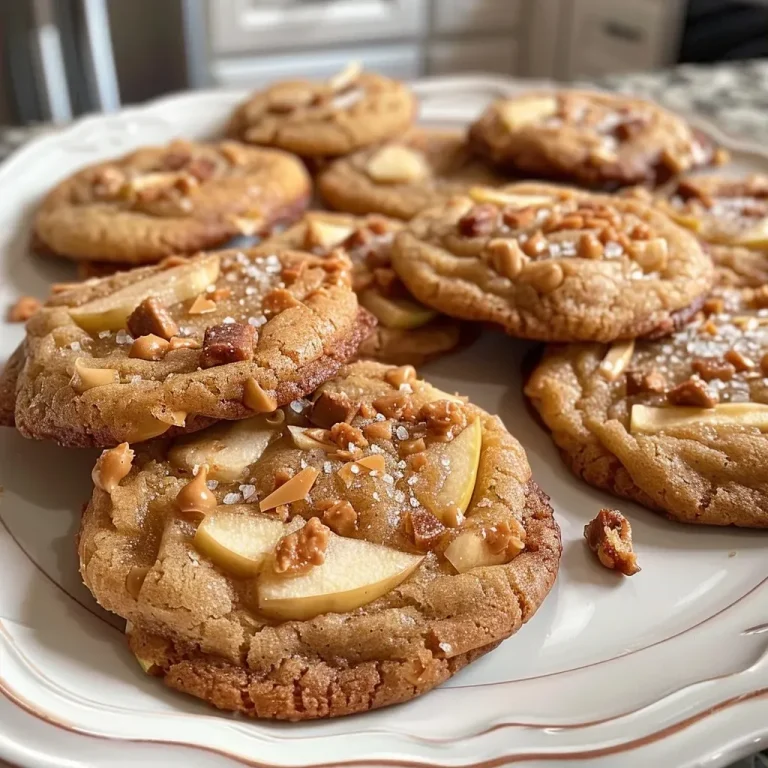 ['Close-up view of Apple Toffee Cookies, showcasing their chewy texture and chunks of apple.', 'Side view of freshly baked Apple Toffee Cookies, highlighting the glossy toffee bits and apple pieces.', 'Delicious Apple Toffee Cookies depicted with rich brown sugar and toffee bits visible in the dough.', 'Juicy Apple Toffee Cookies arranged on a plate, focusing on their golden-brown color and apple cubes.']