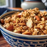 ['Close-up of a bowl filled with Applesauce Granola, showcasing oats and nuts.', 'Side view of a delicious-looking granola made with applesauce, nuts, and seeds.', 'A vibrant mix of rolled oats, almonds, and pumpkin seeds in a bowl of granola.', 'Tasty granola highlighted by applesauce, displayed in a close-up photo.']