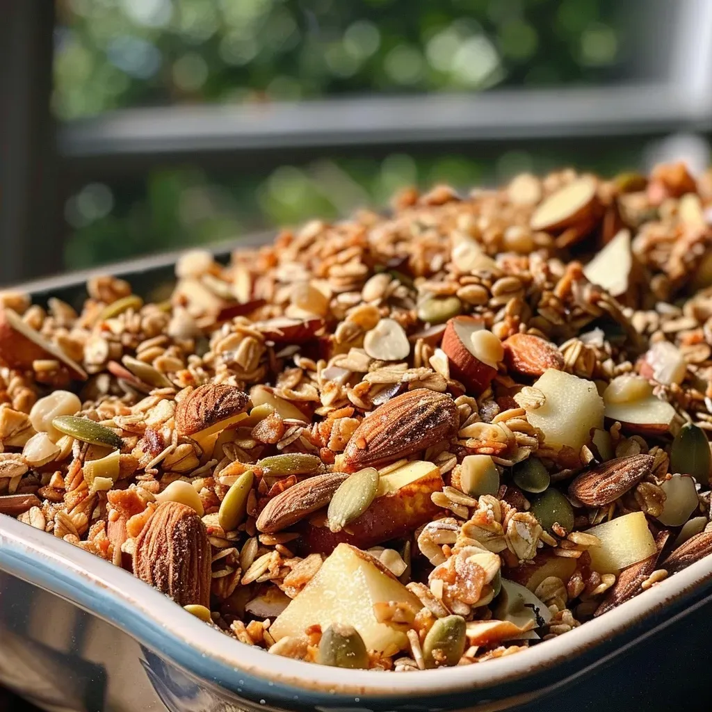 ['Close-up of a bowl filled with Applesauce Granola, showcasing oats and nuts.', 'Side view of a delicious-looking granola made with applesauce, nuts, and seeds.', 'A vibrant mix of rolled oats, almonds, and pumpkin seeds in a bowl of granola.', 'Tasty granola highlighted by applesauce, displayed in a close-up photo.']