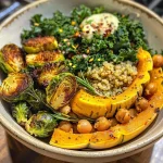 ['A close-up of a colorful Autumn Harvest Quinoa Bowl filled with greens and roasted vegetables.', 'Side view of a nutritious quinoa bowl featuring delicata squash, Brussels sprouts, and chickpeas.', 'An appetizing Autumn Harvest Quinoa Bowl with vibrant ingredients arranged thoughtfully.', 'A detailed look at a healthy quinoa bowl showcasing kale, squash, and a creamy dressing.']