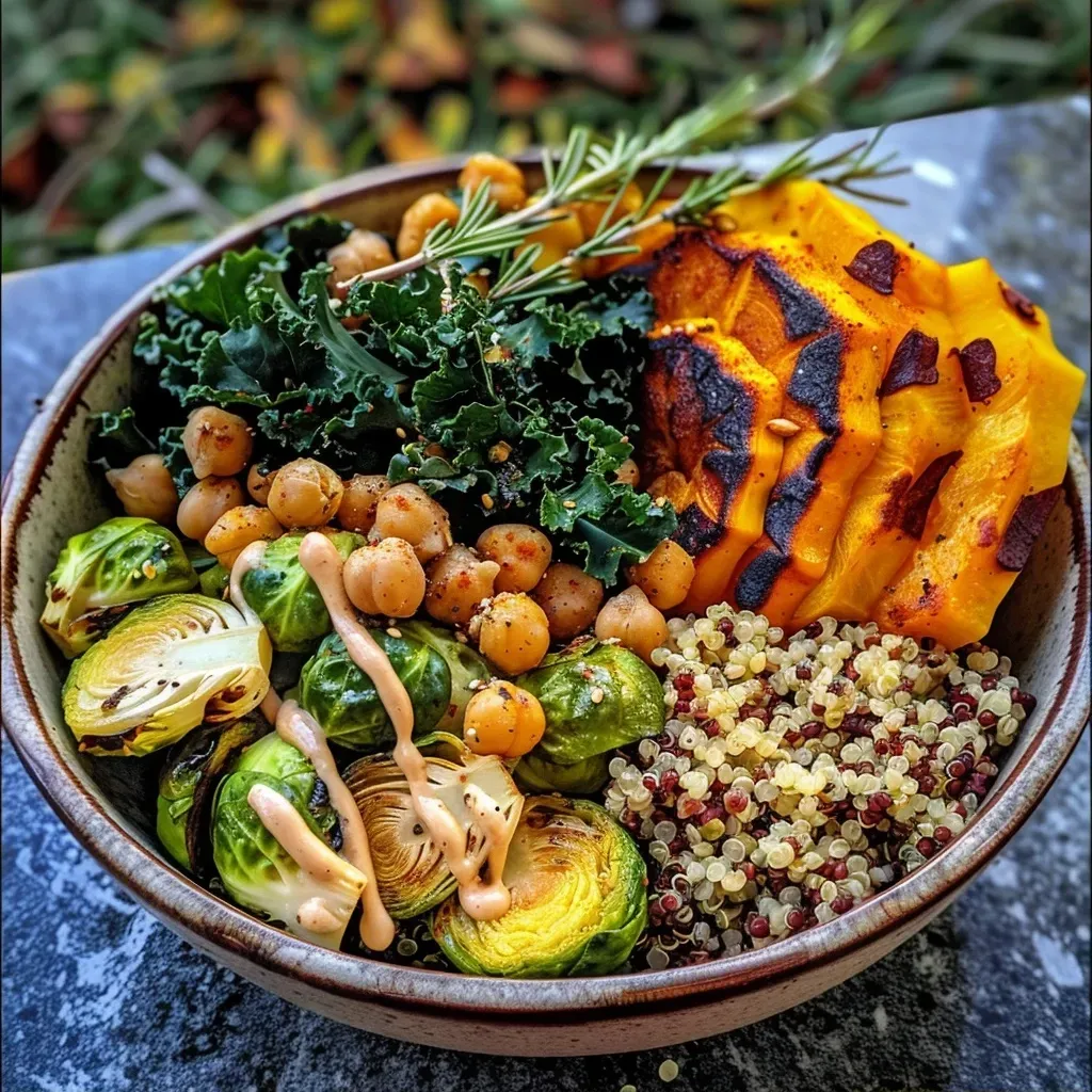 ['A close-up of a colorful Autumn Harvest Quinoa Bowl filled with greens and roasted vegetables.', 'Side view of a nutritious quinoa bowl featuring delicata squash, Brussels sprouts, and chickpeas.', 'An appetizing Autumn Harvest Quinoa Bowl with vibrant ingredients arranged thoughtfully.', 'A detailed look at a healthy quinoa bowl showcasing kale, squash, and a creamy dressing.']